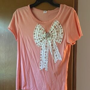 Anthropologie Peach Tee with Floral Fan Detail